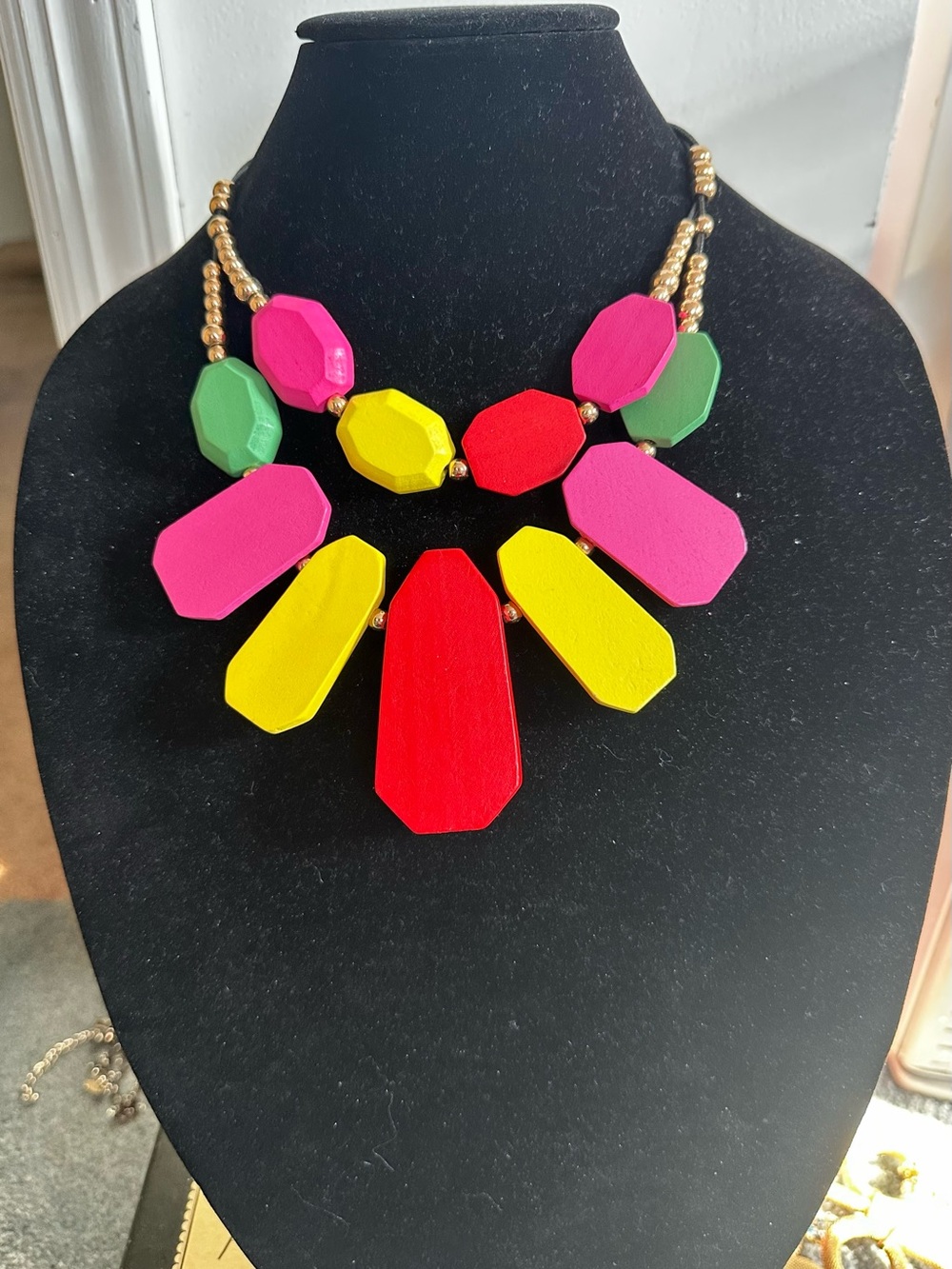 Multicolor Statement Bib Necklace - Bright Pink, Red, Yellow & Green